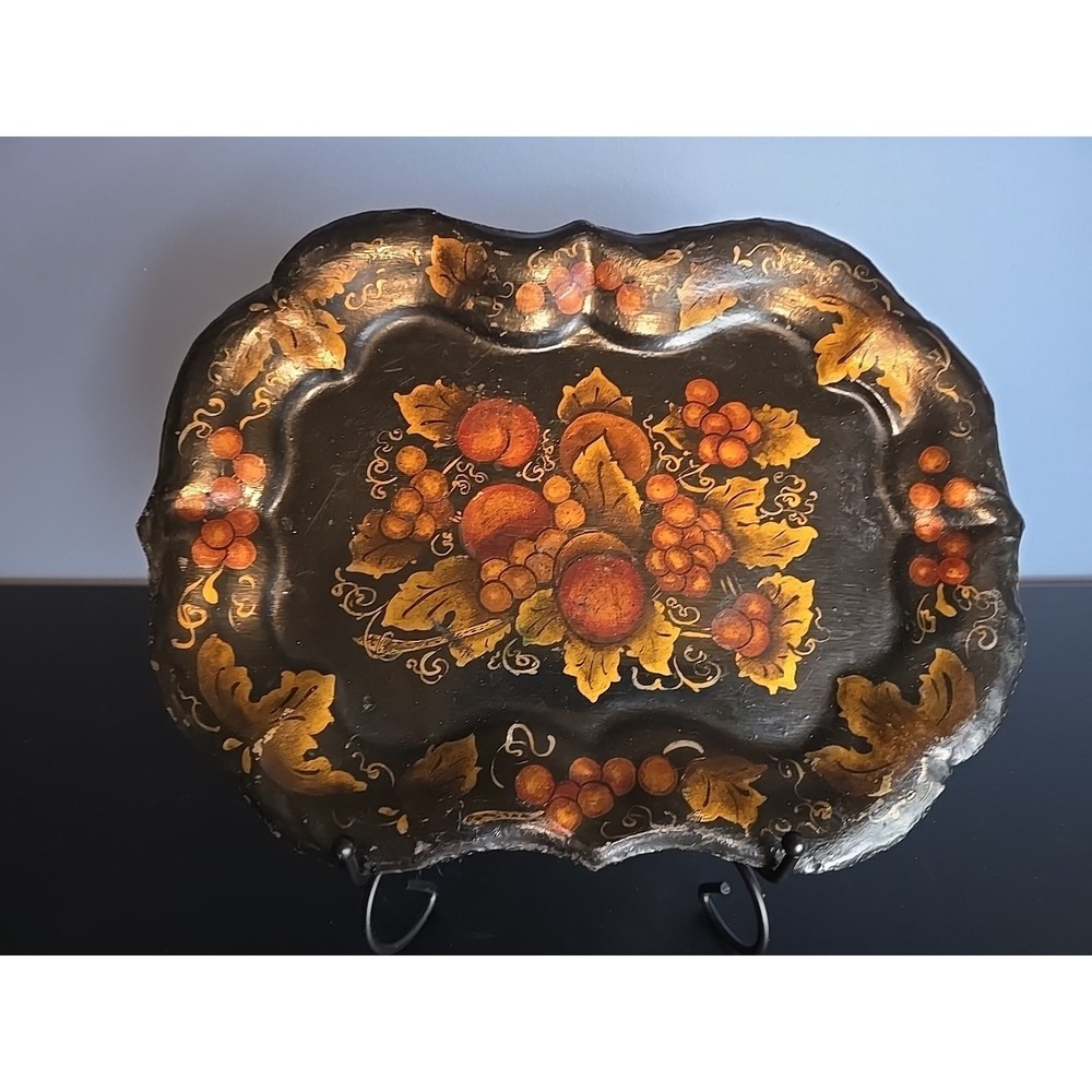 Antique Vintage Rare Hand Painted Tin Tray 10" X‎ 8" Black Fruits
